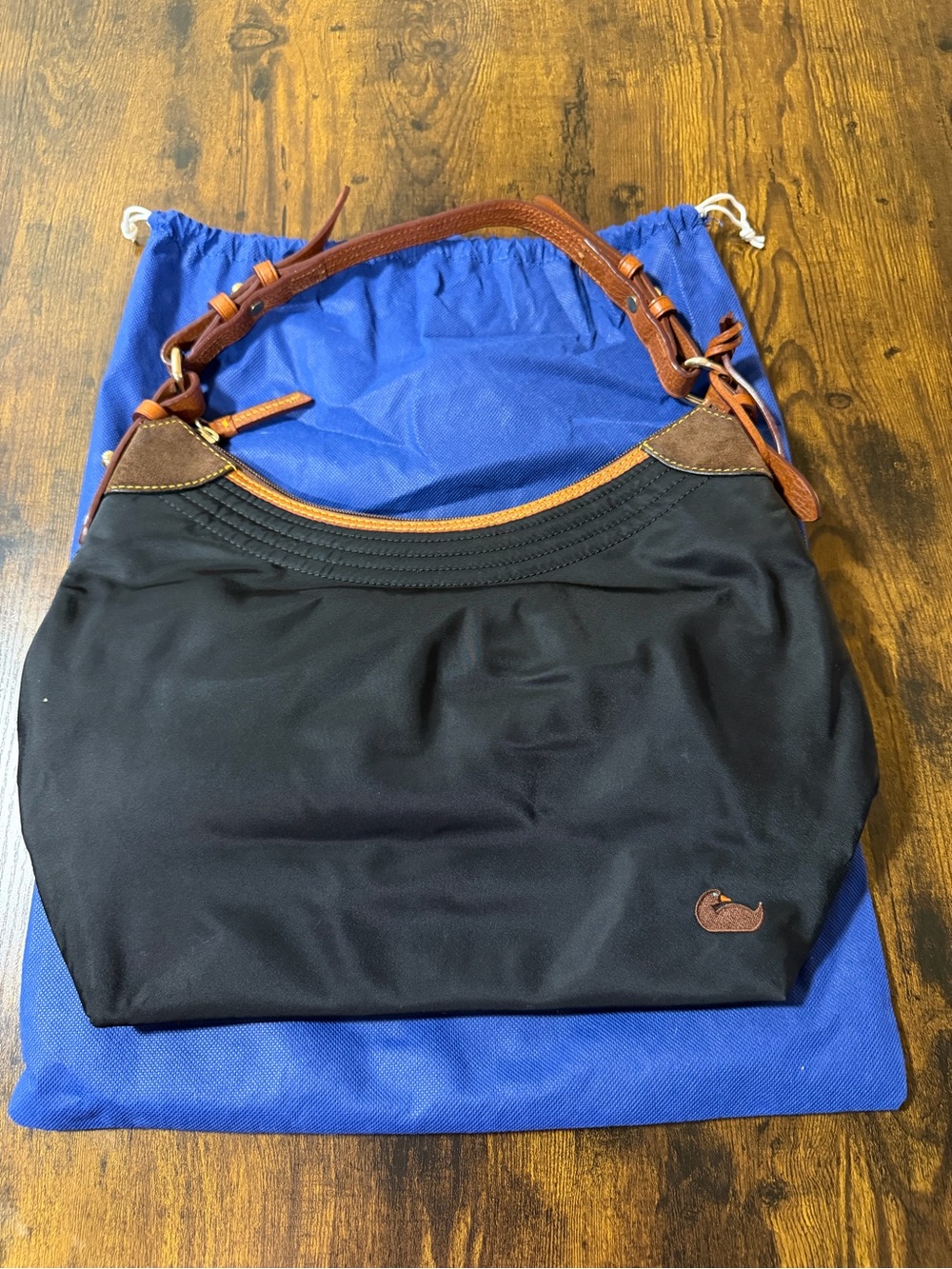 Dooney & Bourke Black Shoulder Bag with Brown Leather Trim